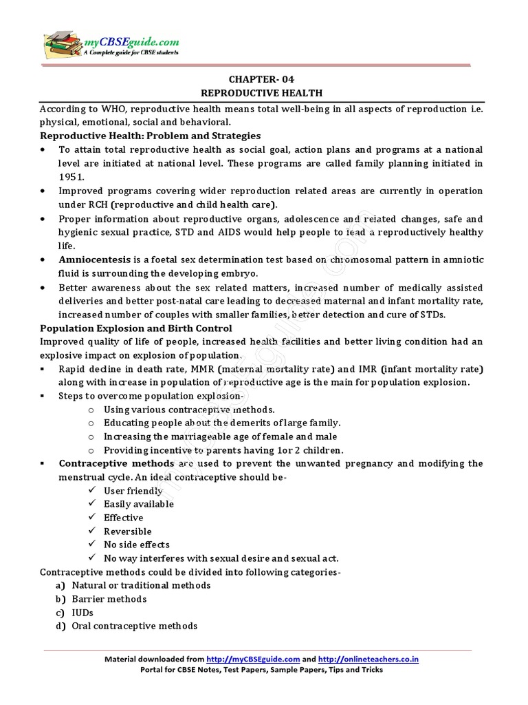 Class 12 Reproductive Health Overview | PDF | Birth Control | Sexually ...
