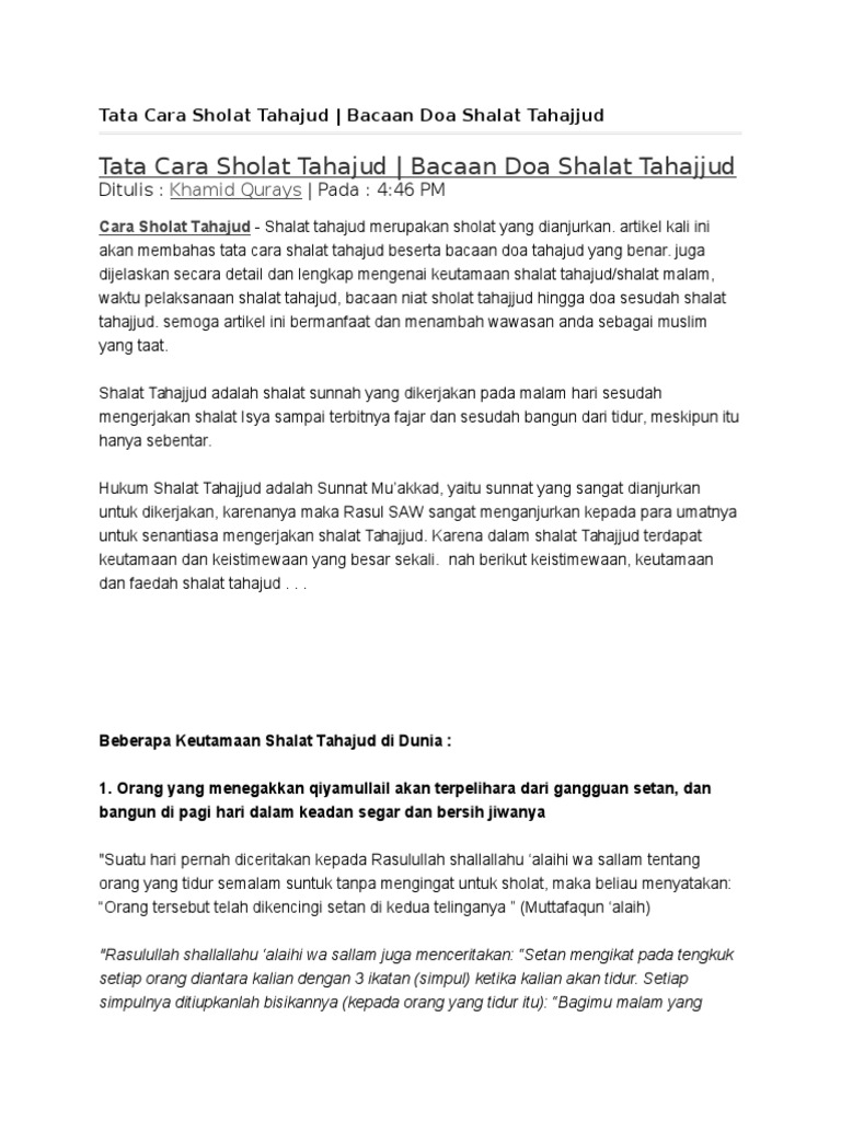 Tata Cara Sholat Tahajud