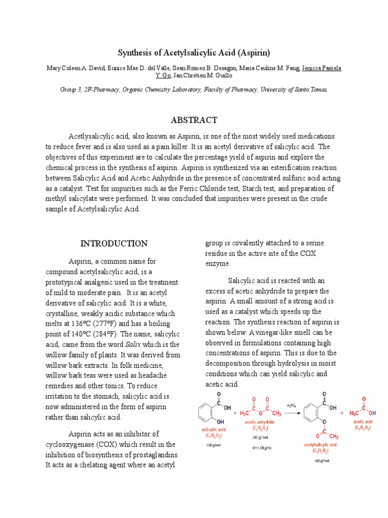 Synthesis of Acetylsalicylic Acid Aspirin Acetic Acid