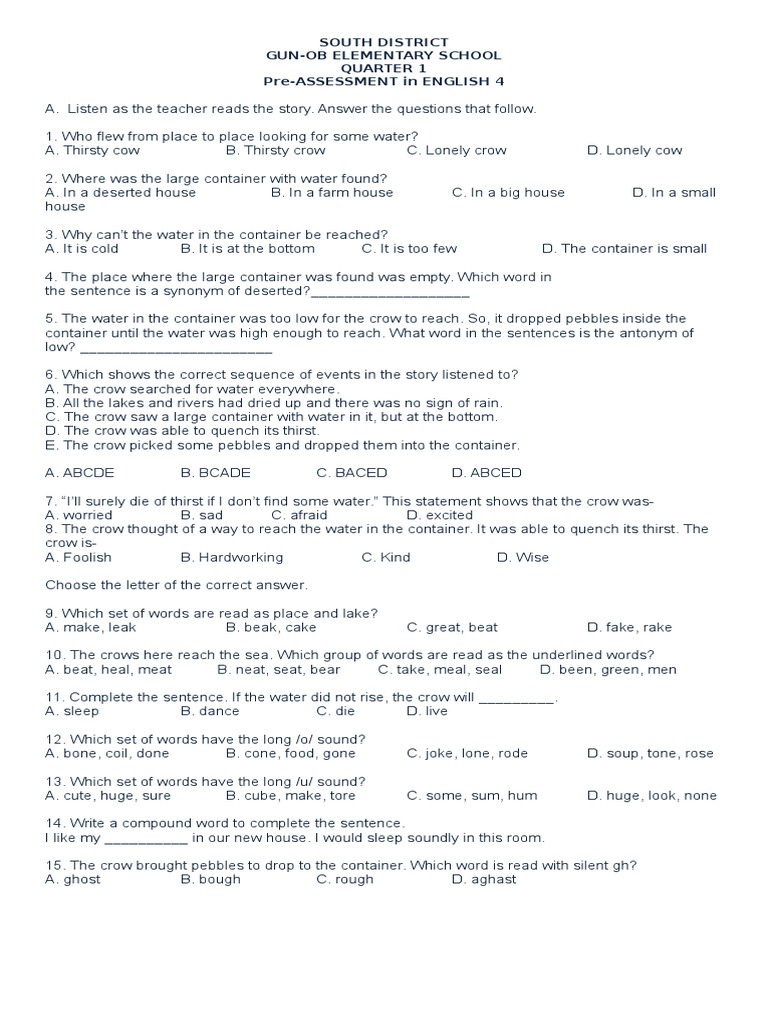 Grade 4 English Pre-Assessment Test | PDF | Noun | Linguistic Morphology