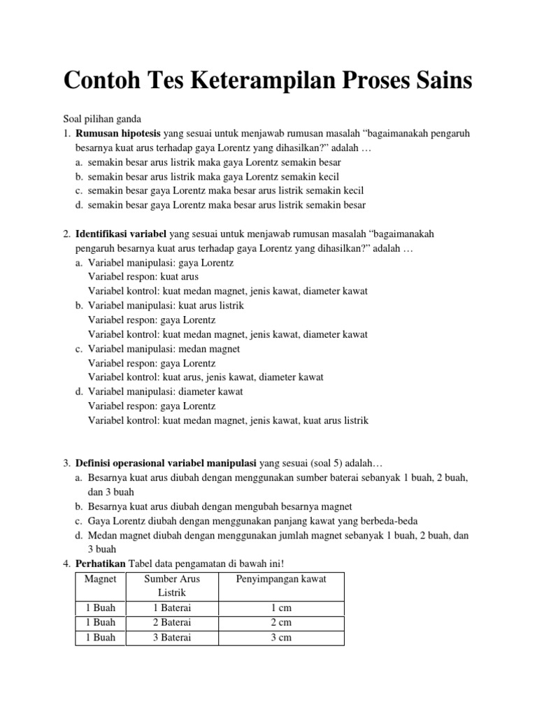 Contoh Petunjuk Menjawab Soal Tes Keterampilan Prosessains