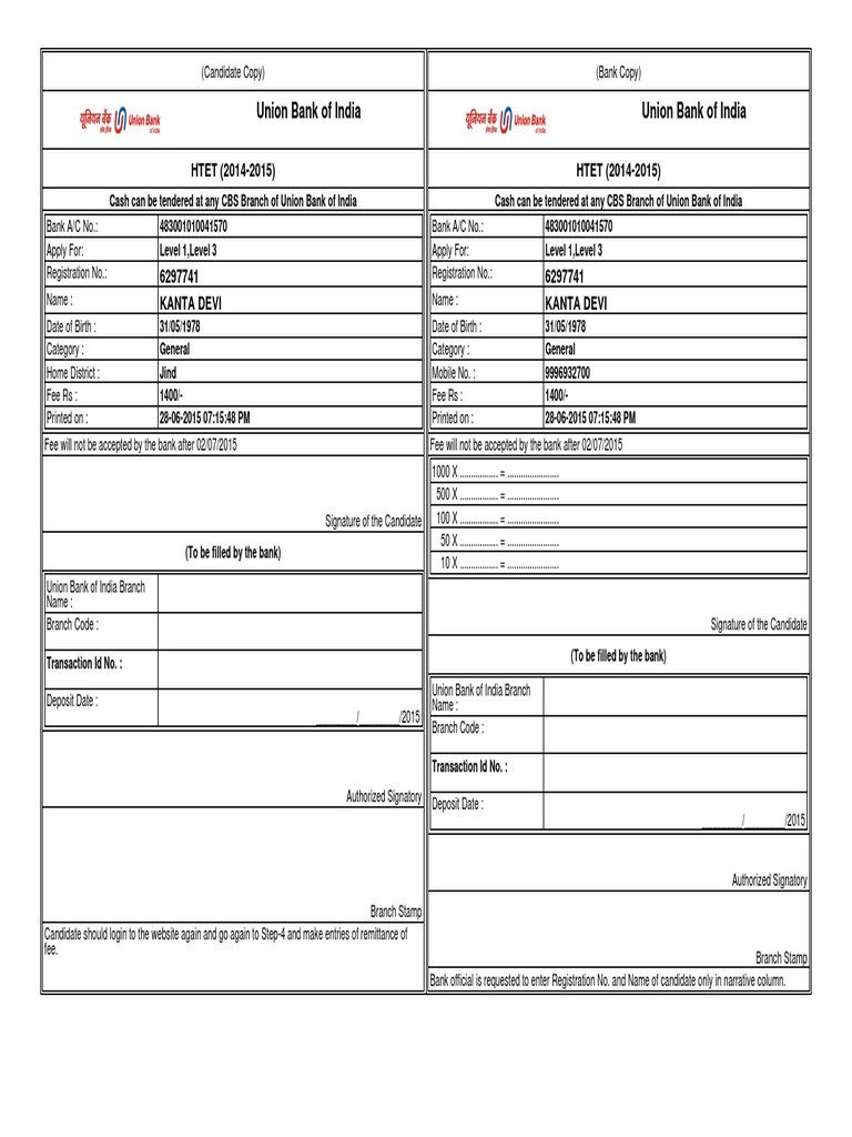 Union Bank of India Union Bank of India: HTET (2014-2015) HTET (2014-2015) | PDF