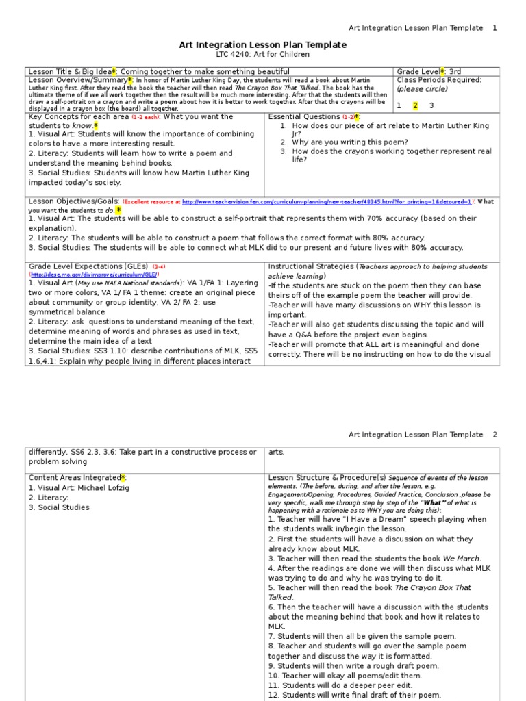 Art Integration Lesson Plan Template: (Please Circle) | PDF | Lesson ...