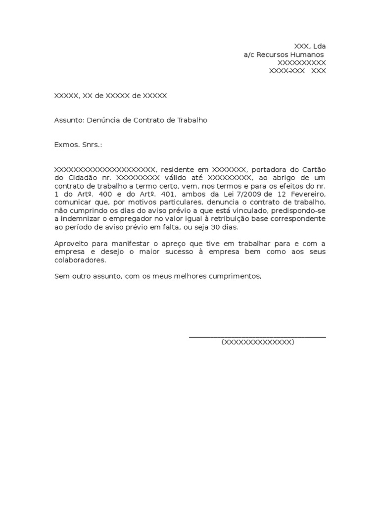 Modelo Carta Recisão Contrato Sem Aviso Prévio