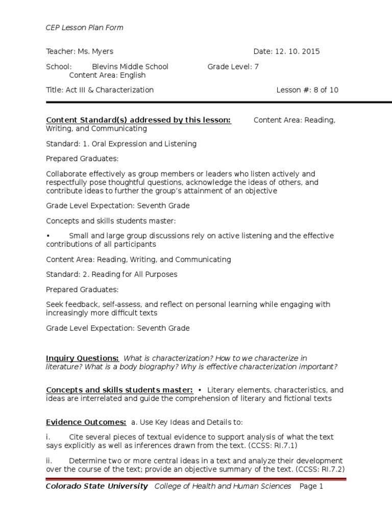 Content Standard(s) Addressed by This Lesson:: CEP Lesson Plan Form ...