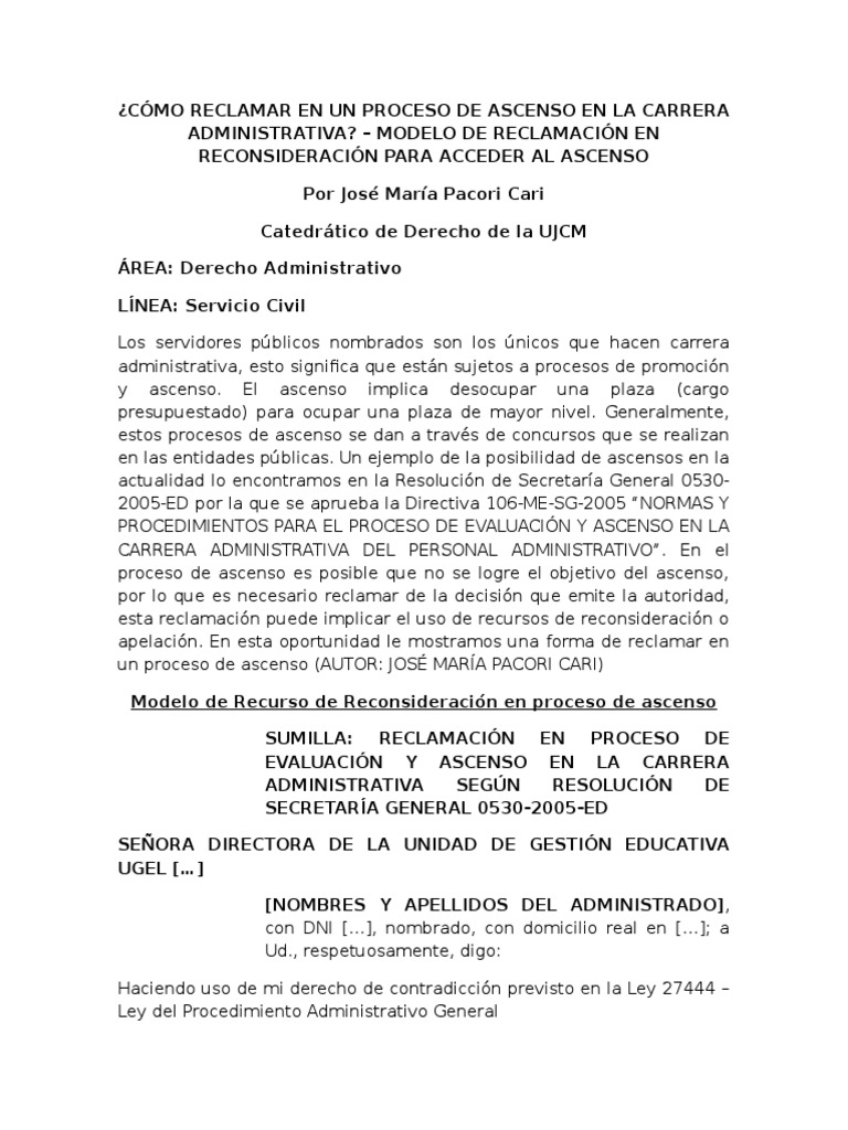 Como Reclamar En Un Proceso De Ascenso En La Carrera Administrativa Modelo De Reclamacion En Reconsideracion Para Acceder Al Ascenso Contabilidad Gobierno