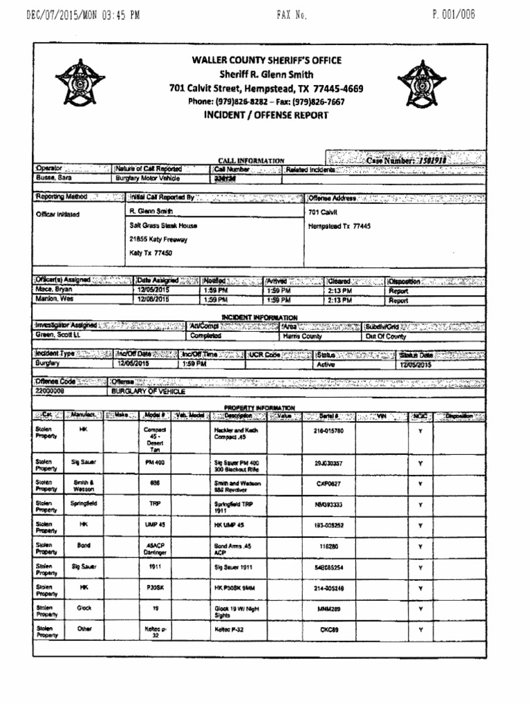 Waller Sheriff Incident Report