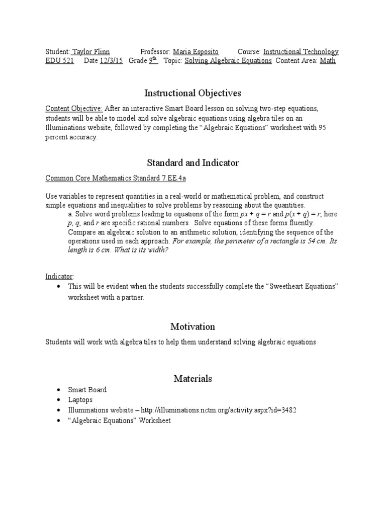 Grade 7 Algebraic Equations Lesson Plan | PDF | Equations | Algebra