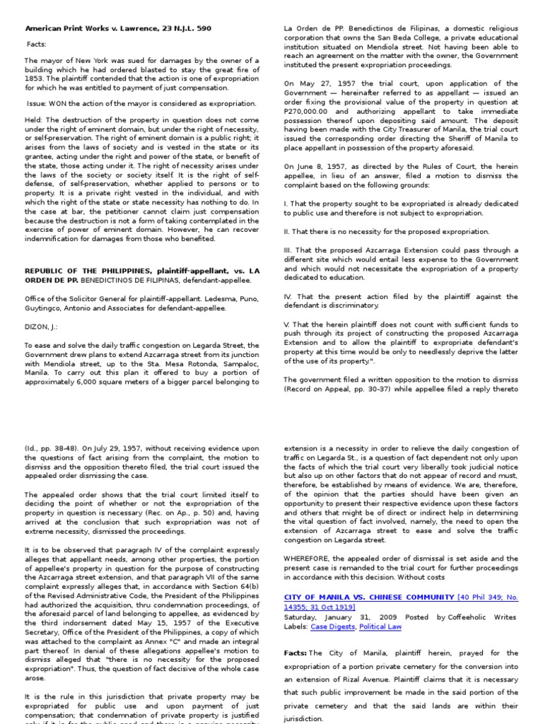Expropriation Law Case Analysis | PDF | Eminent Domain | Fifth ...
