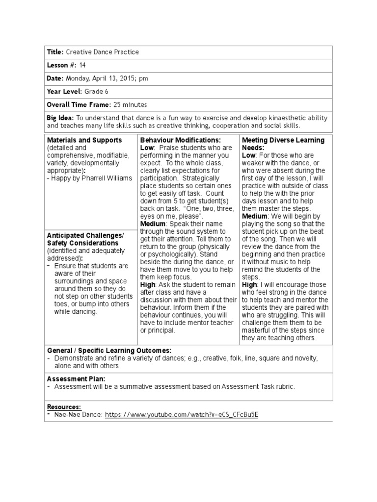 gr 6 dance lesson plans Educational Assessment Dances