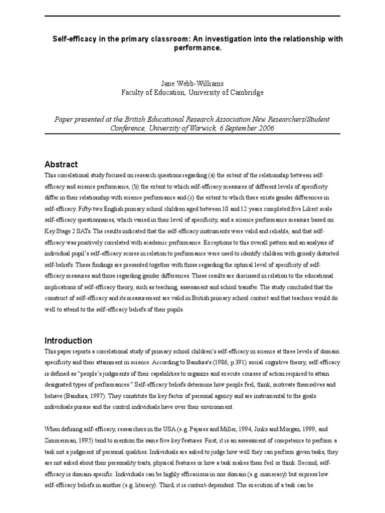 Self-Efficacy and Science Performance in Primary Education | PDF | Self ...