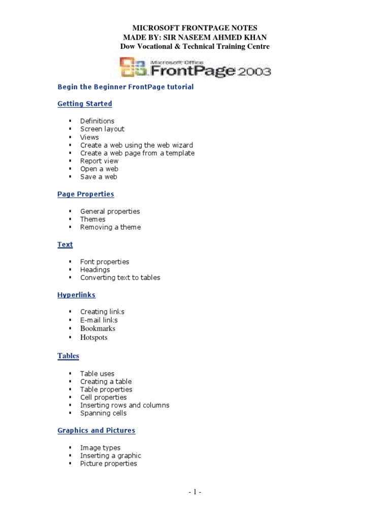 Microsoft Frontpage Notes Made By: Sir Naseem Ahmed Khan Dow Vocational ...