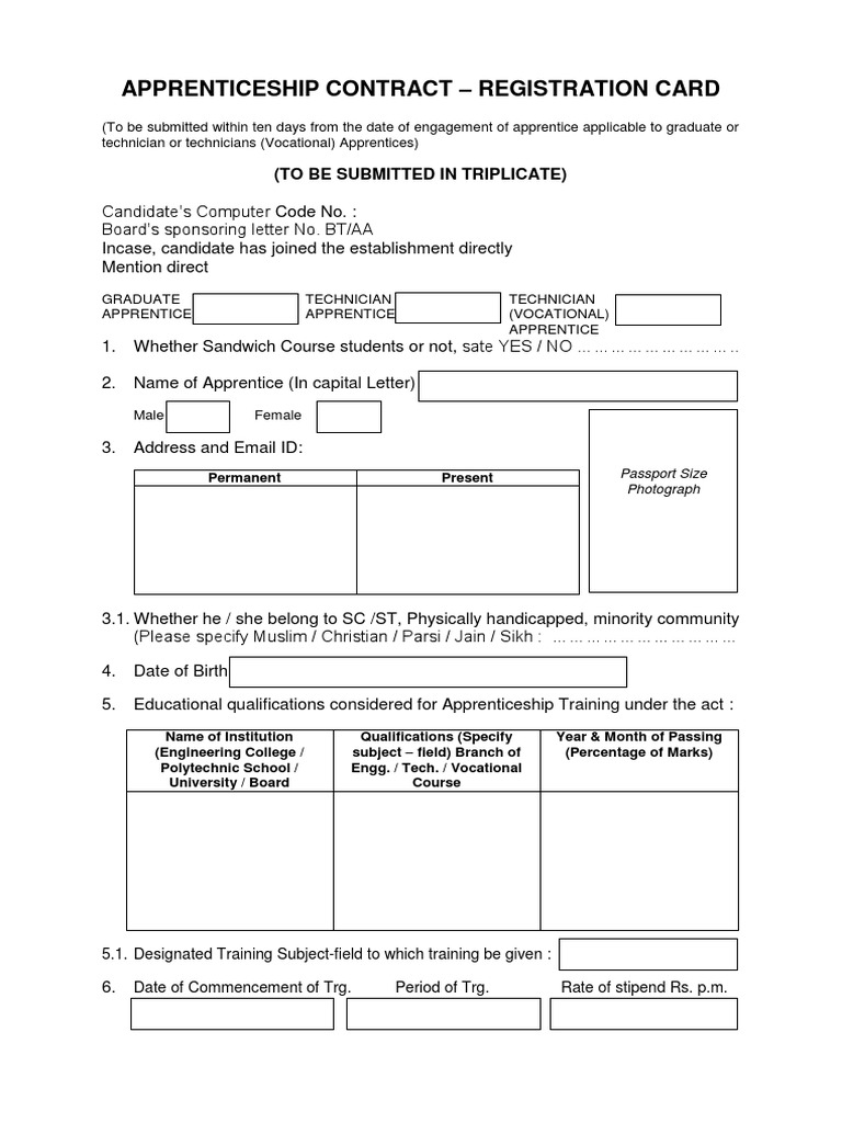 Apprenticeship Contract - Registration Card: (To Be Submitted in ...