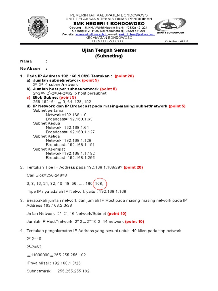 Soal Essay Uts Konsep Subnetting