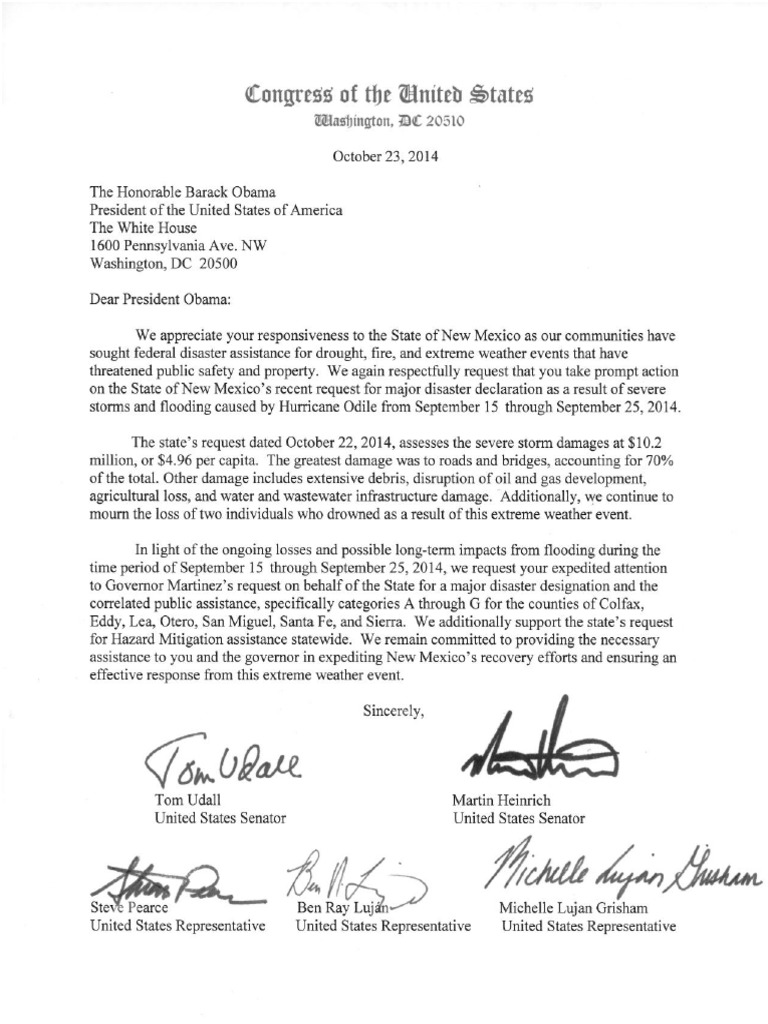 Letter To President Obama Requesting Major Disaster Declaration | PDF
