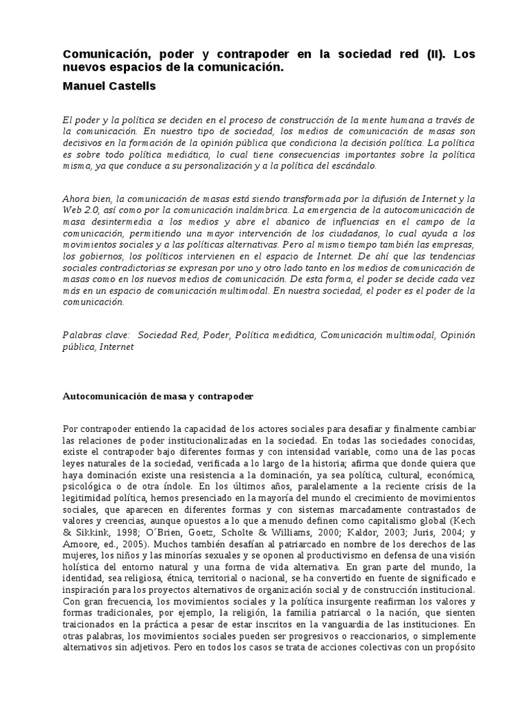 Manuel Castells Comunicacion Poder Y Contrapoder P 2 Descargar