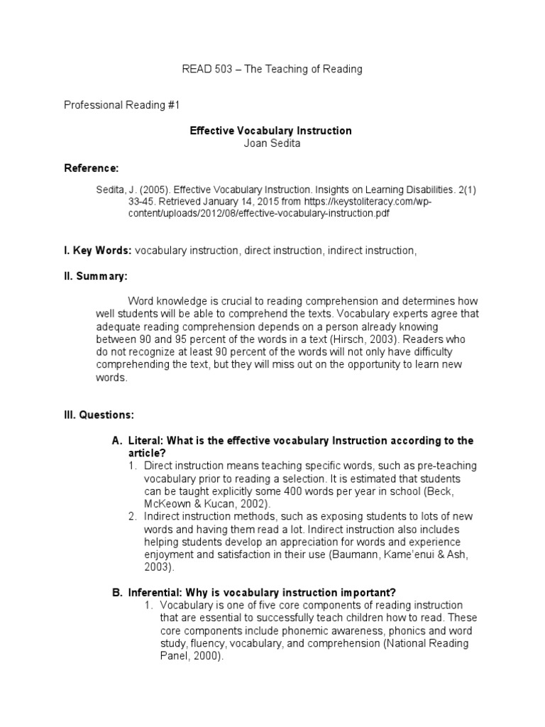 Effective Vocabulary Instruction Strategies | PDF | Reading ...