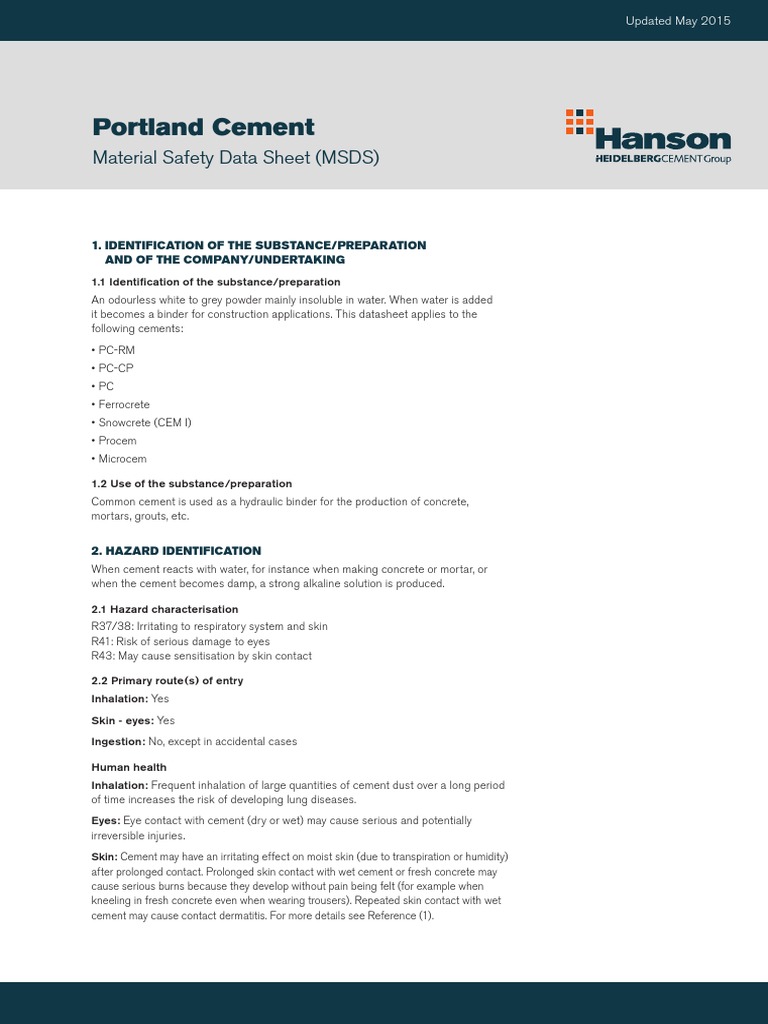 Safety Data Sheet Hanson Portland Cement 0 0 Dermatitis Dangerous Goods