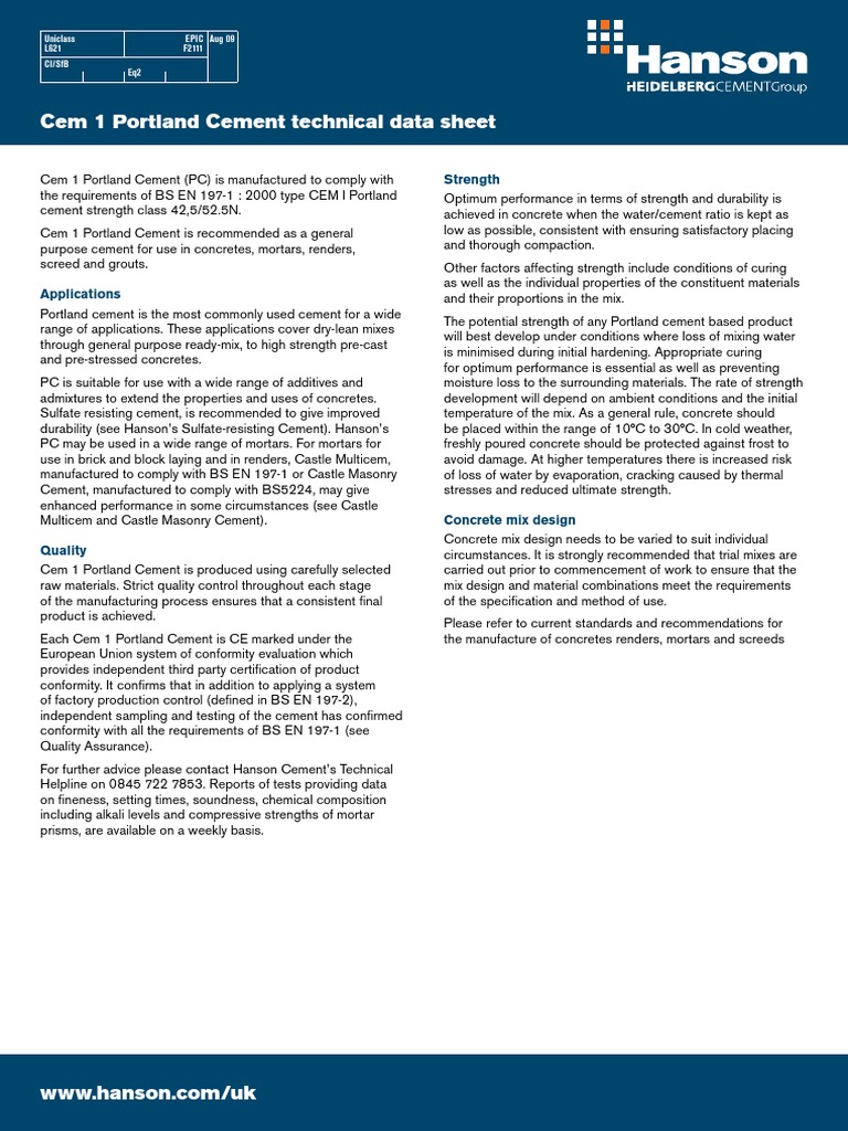 Hanson Cem 1 Portland Cement Data Sheet | Concrete | Strength Of Materials