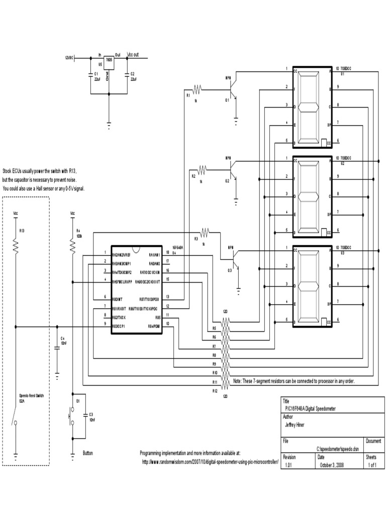 Circuit diagram for a PIC16F648A-based digital speedometer using 7 ...