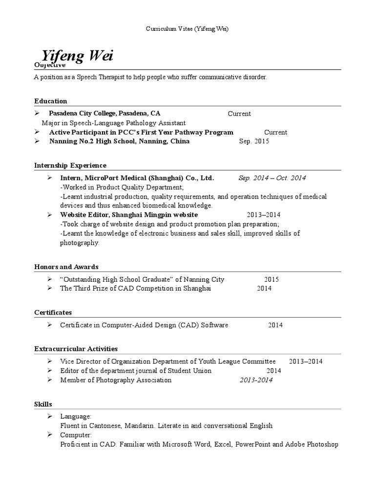 Yifeng Wei's Speech Therapist CV | PDF | Career & Growth