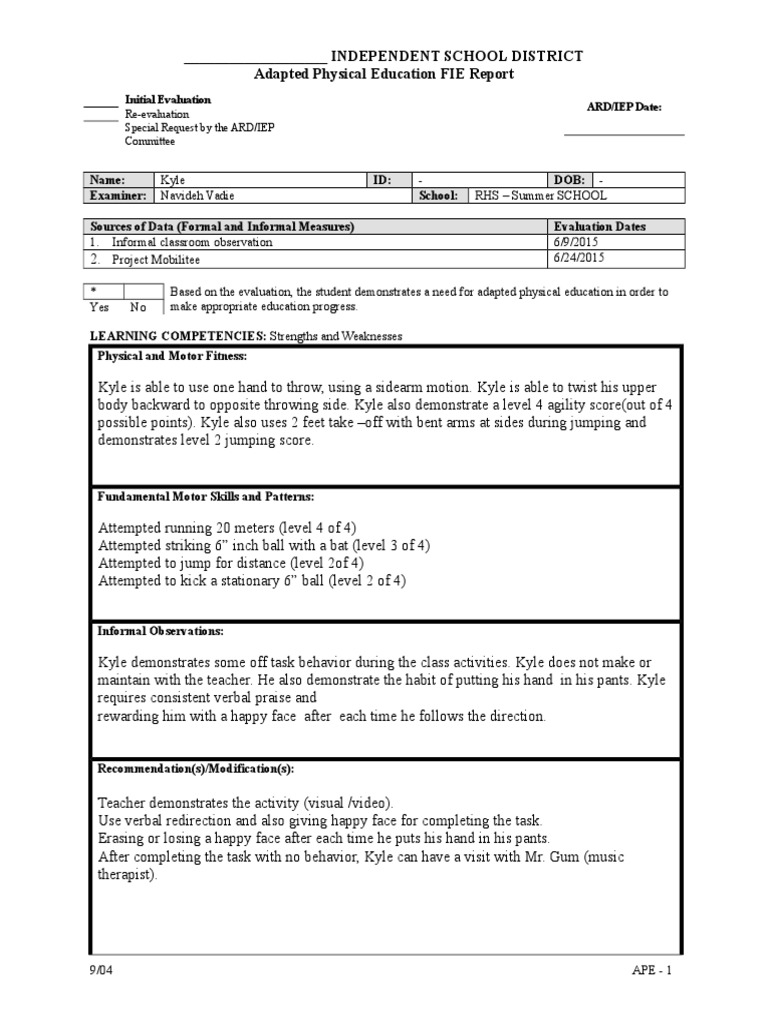Adapted Physical Education Evaluation Report | PDF | Career & Growth