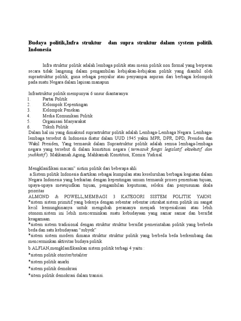 Budaya Politik Infrastruktur Dan Suprastruktur Dalam Sistem Politik Indonesia