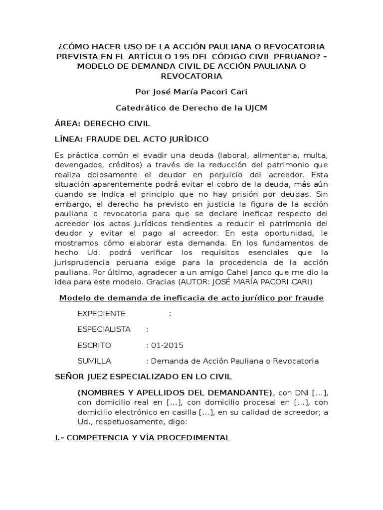 Cómo Hacer Uso de La Acción Pauliana o Revocatoria Prevista en El Artículo  195 Del Código Civil Peruano - Modelo de Demanda Civil de Acción Pauliana o  Revocatoria | PDF | Demanda judicial | Pagos