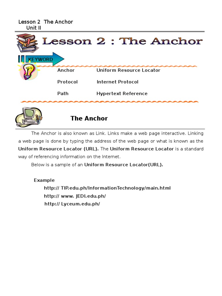 Anchors Guide in HTML PDF Uniform Resource Locator Hypertext