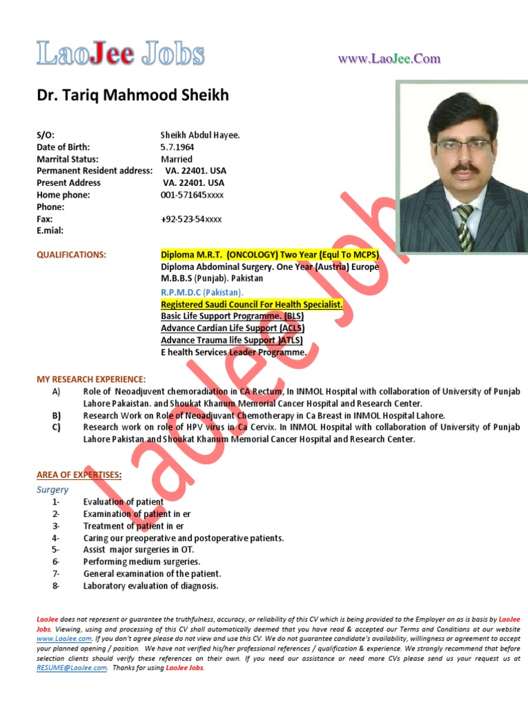 Dr. Tariq Mahmood Sheikh CV Overview | PDF | Surgery | Pakistan