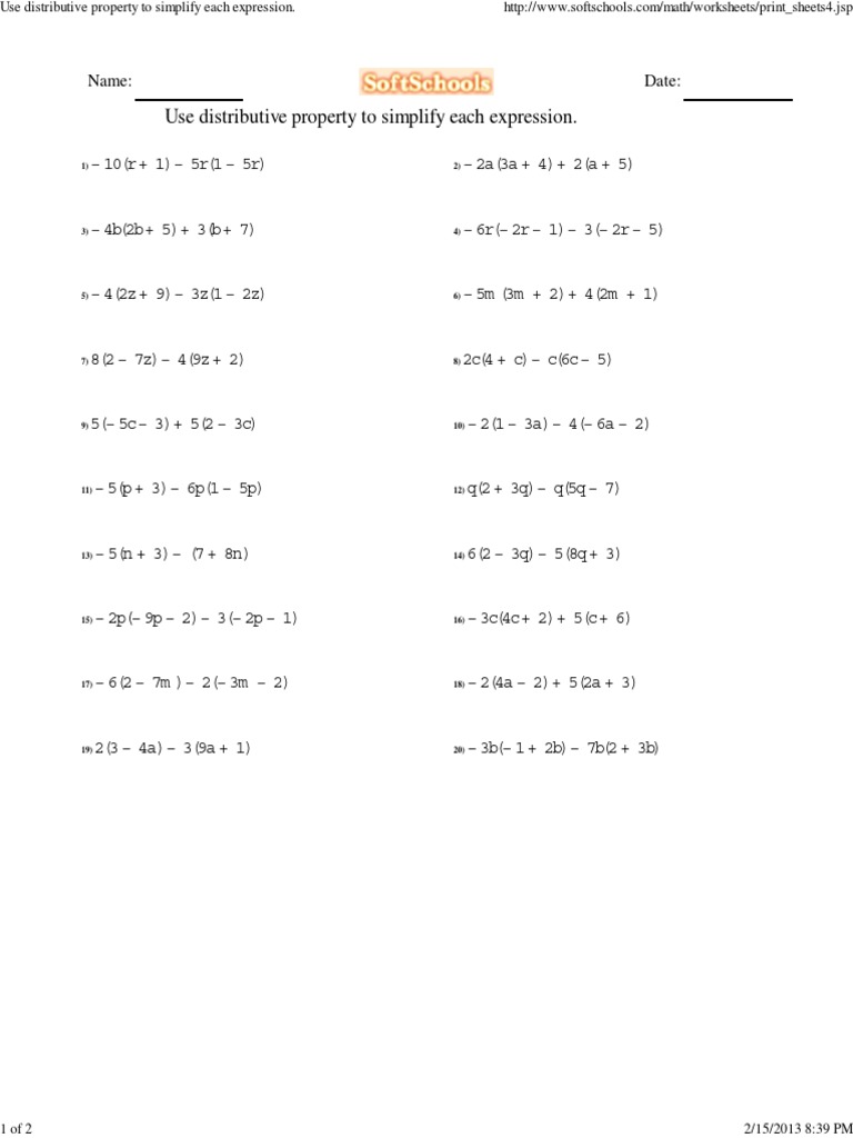 Use Distributive Property To Simplify Each Expression  PDF Pertaining To Distributive Property Worksheet Pdf