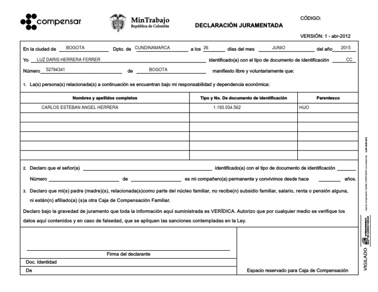 Declaracion juramentada compensar
