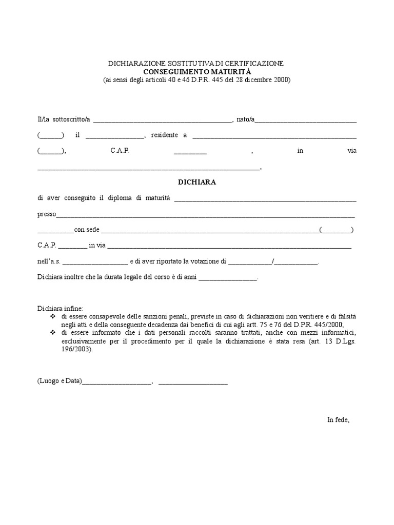 Autocertificazione Diploma Maturita