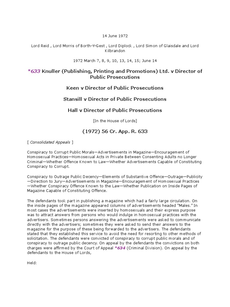 Knuller V DPP Case PDF Conspiracy (Criminal) Obscenity