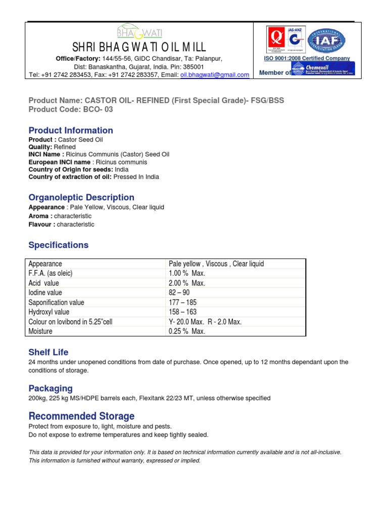 Castor Oil FSG/BSS Specifications | PDF | Cooking, Food & Wine
