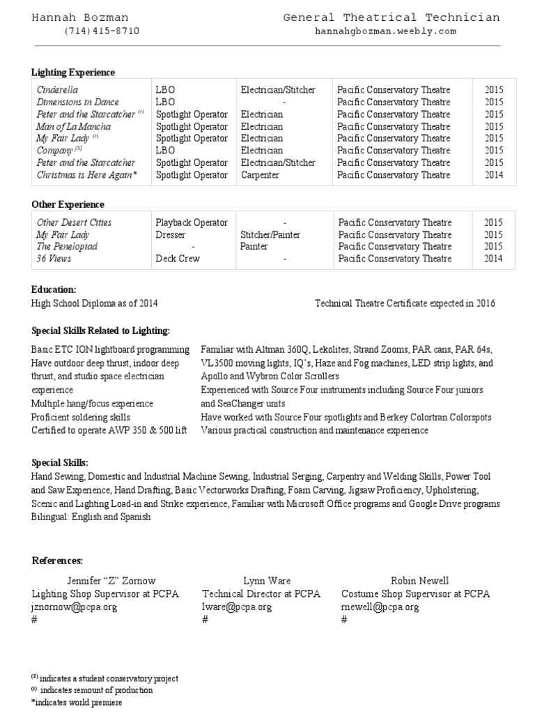 Hannah Bozman: Theatrical Technician Resume | PDF