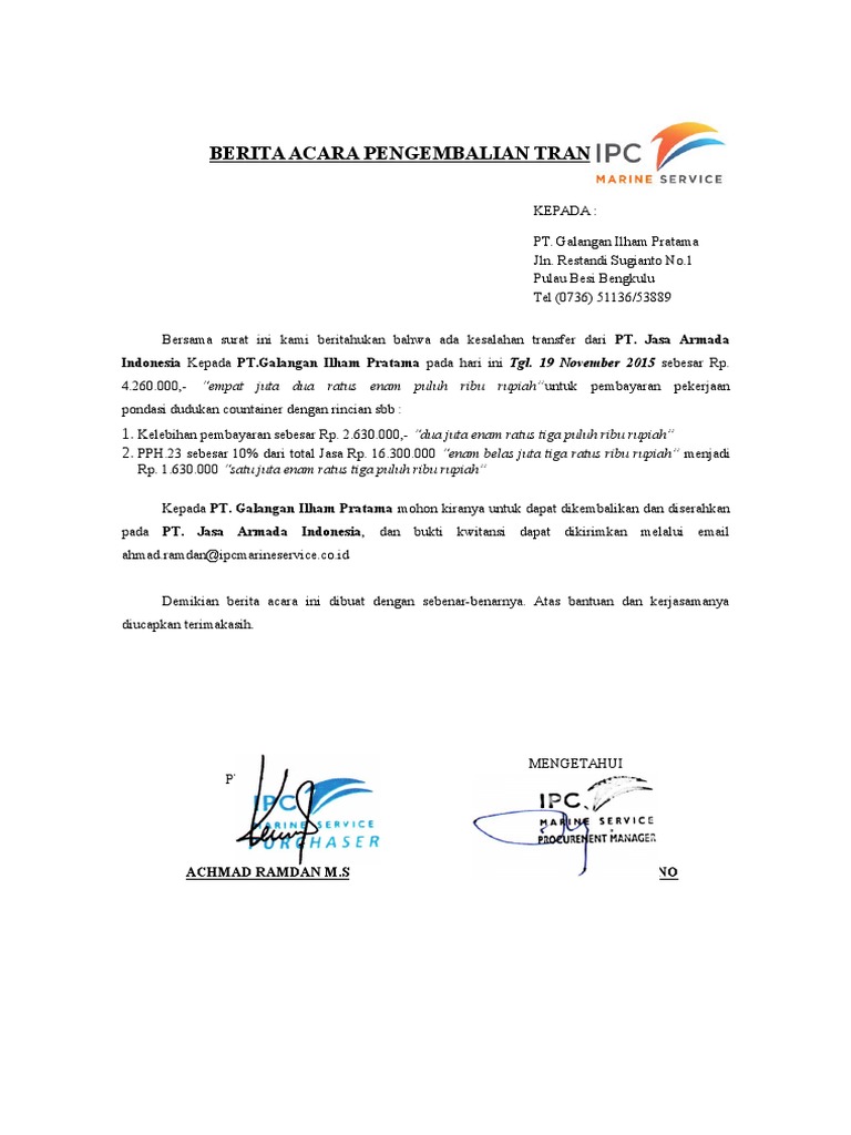 Berita Acara Pengembalian Transfer