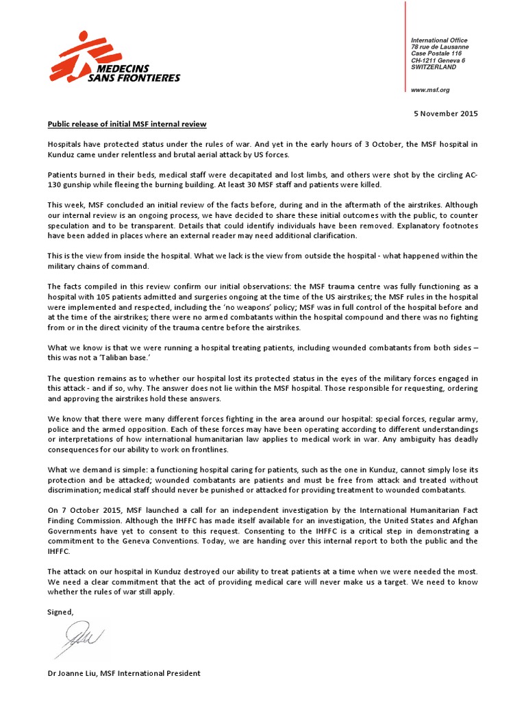 MSF Review: Kunduz Hospital Airstrike | PDF | Médecins Sans Frontières ...