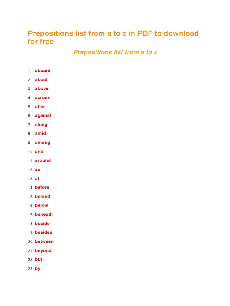 A to Z Prepositions List PDF Download | PDF