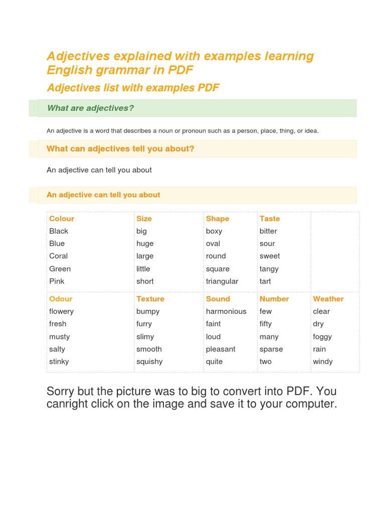 Adjectives Explained With Examples Learning English Grammar Pdf Pdf