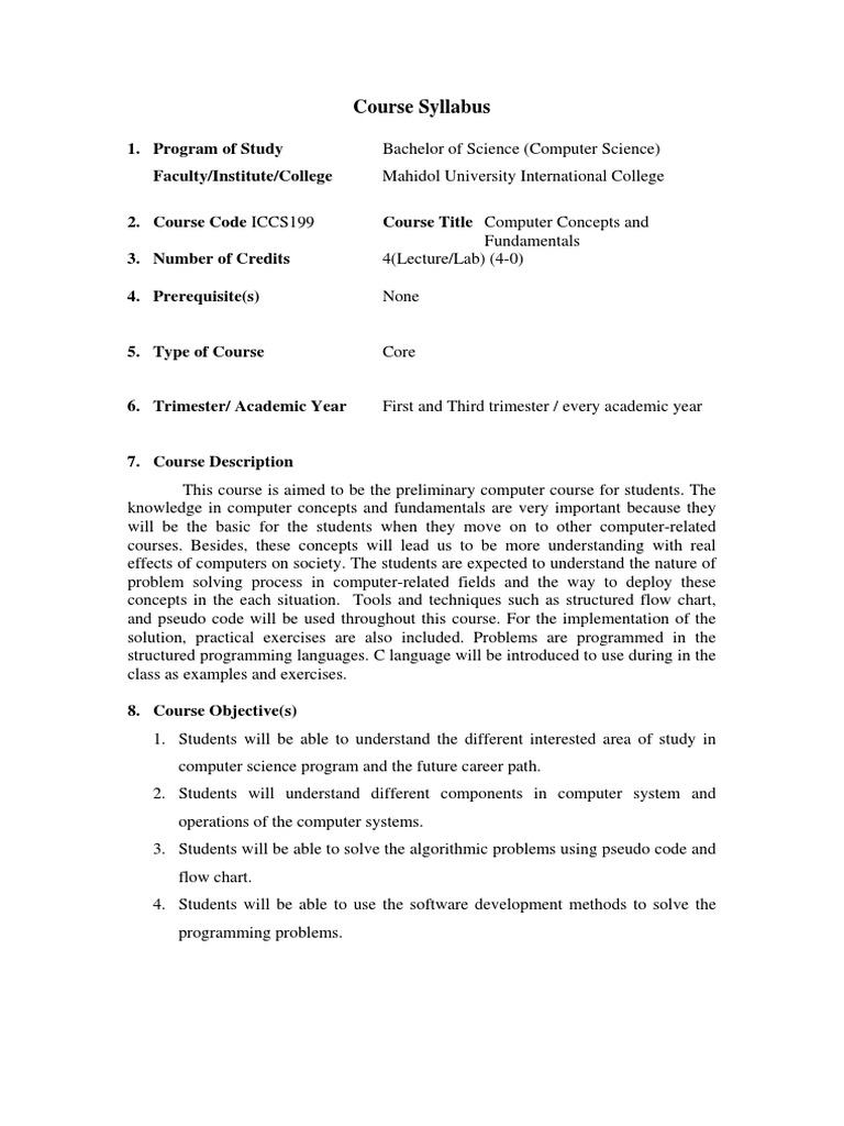 Program of Study Faculty/Institute/College: Course Syllabus | PDF ...