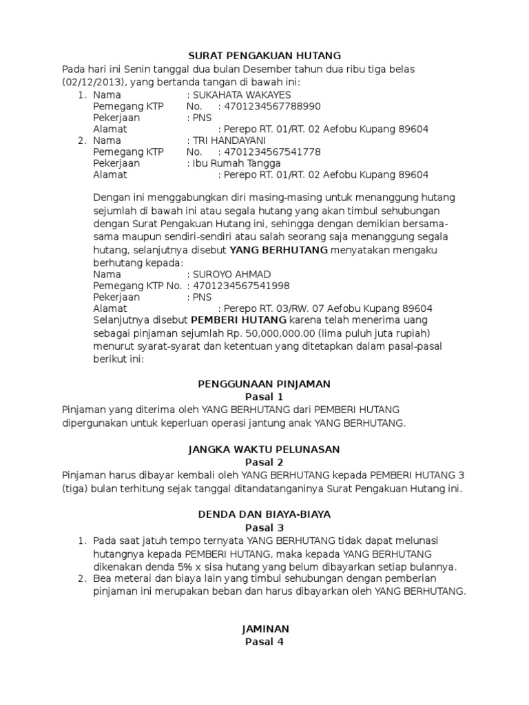 Contoh Surat Pengakuan Hutang