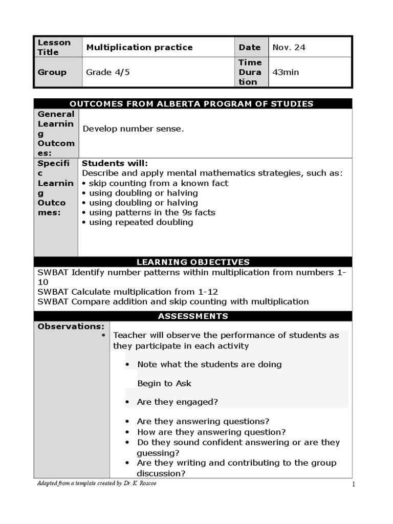 Grade 4/5 Multiplication Practice Lesson | PDF | Educational Assessment ...