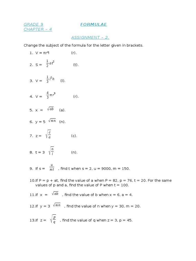 Grade 9 Formulae Chapter - 4 Assignment - 2 | PDF | Teaching Methods ...