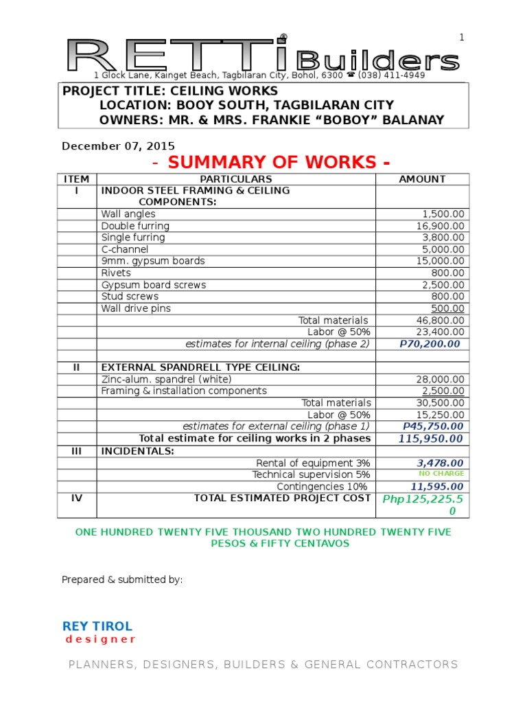 Ceiling Works Cost Estimate Philippines | PDF