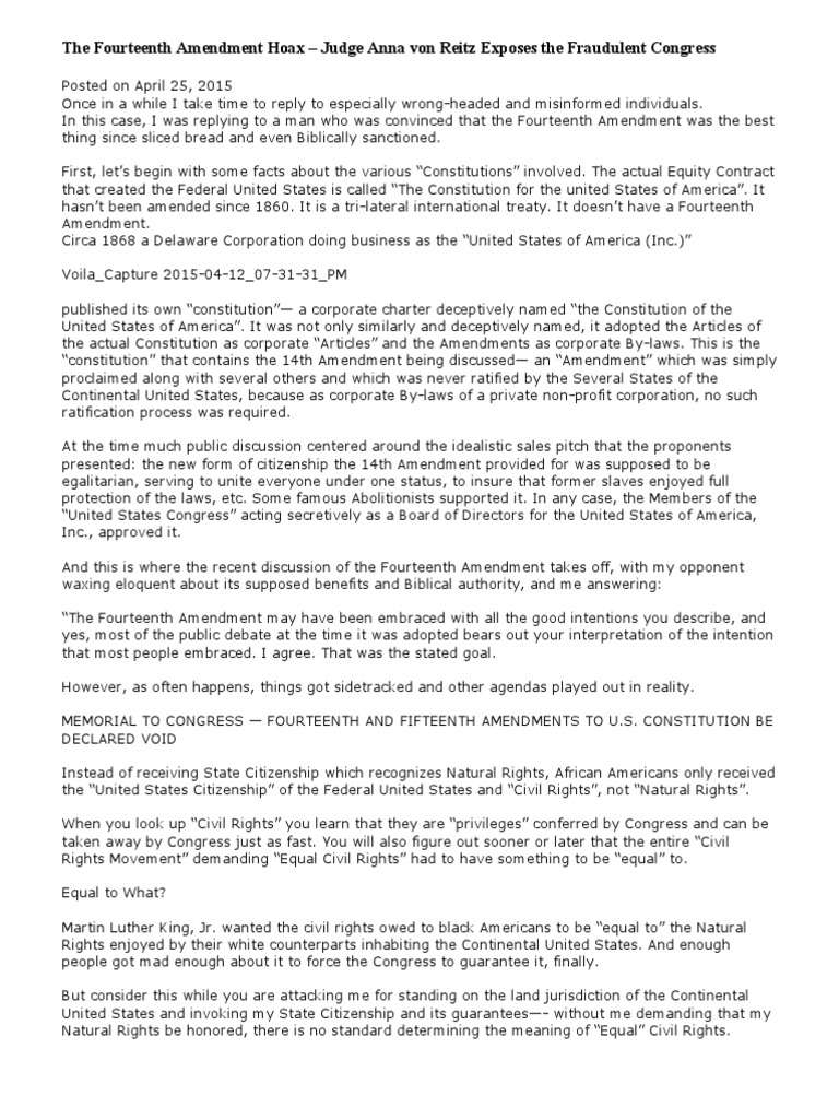 14th Ammendment Hoax | PDF | Fourteenth Amendment To The United States ...