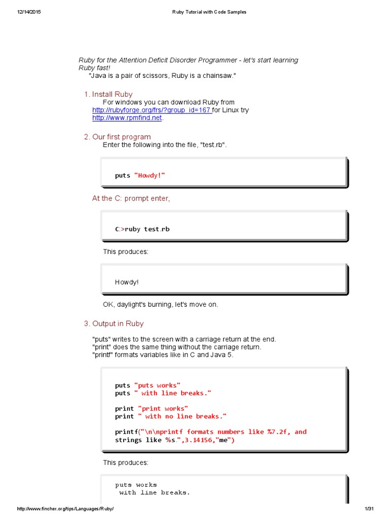 Ruby Tutorial With Code Samples | Ruby (Programming Language ...