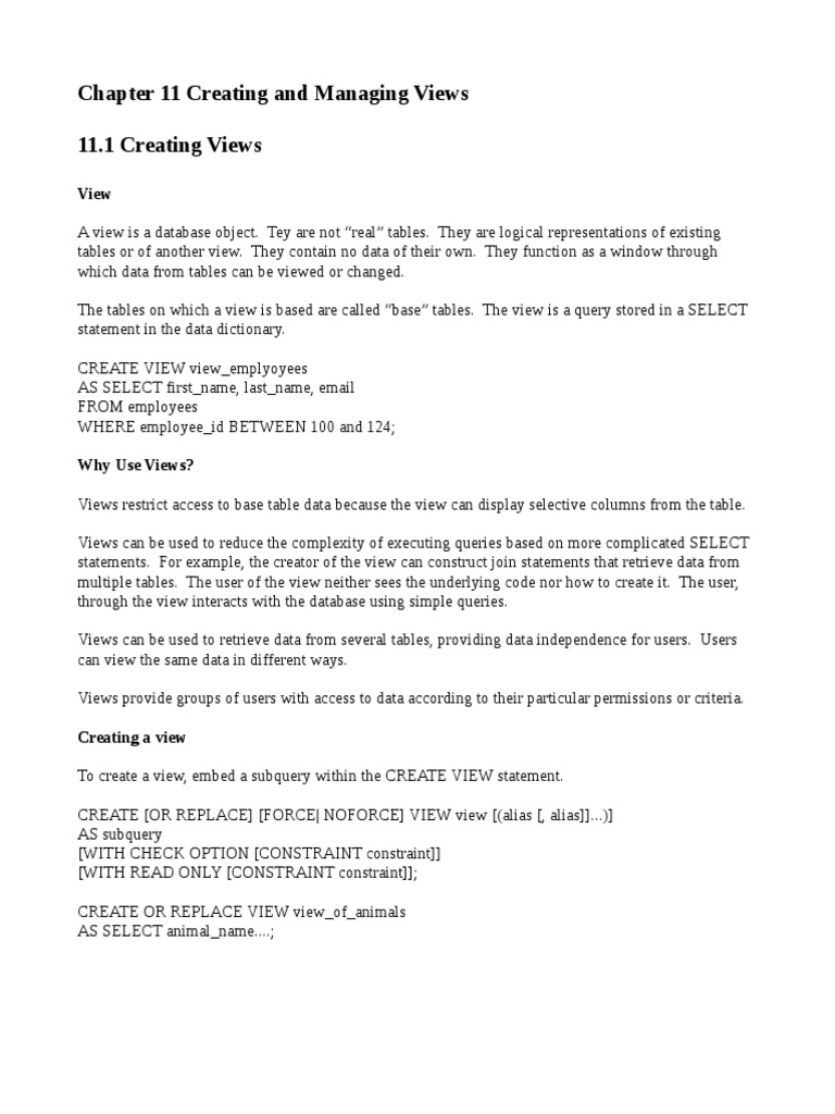 Chapter 11 Creating and Managing Views 11.1 Creating Views | PDF ...