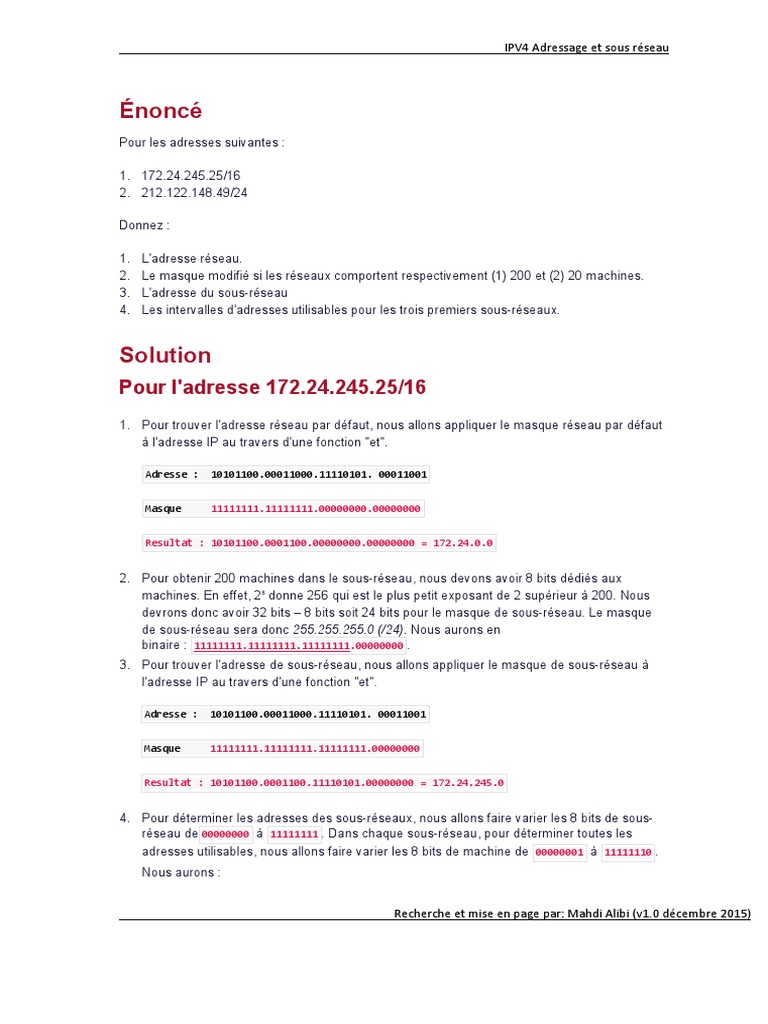 Exercices corrigés sur l'adressage IPv4 | PDF | Adresse IP ...