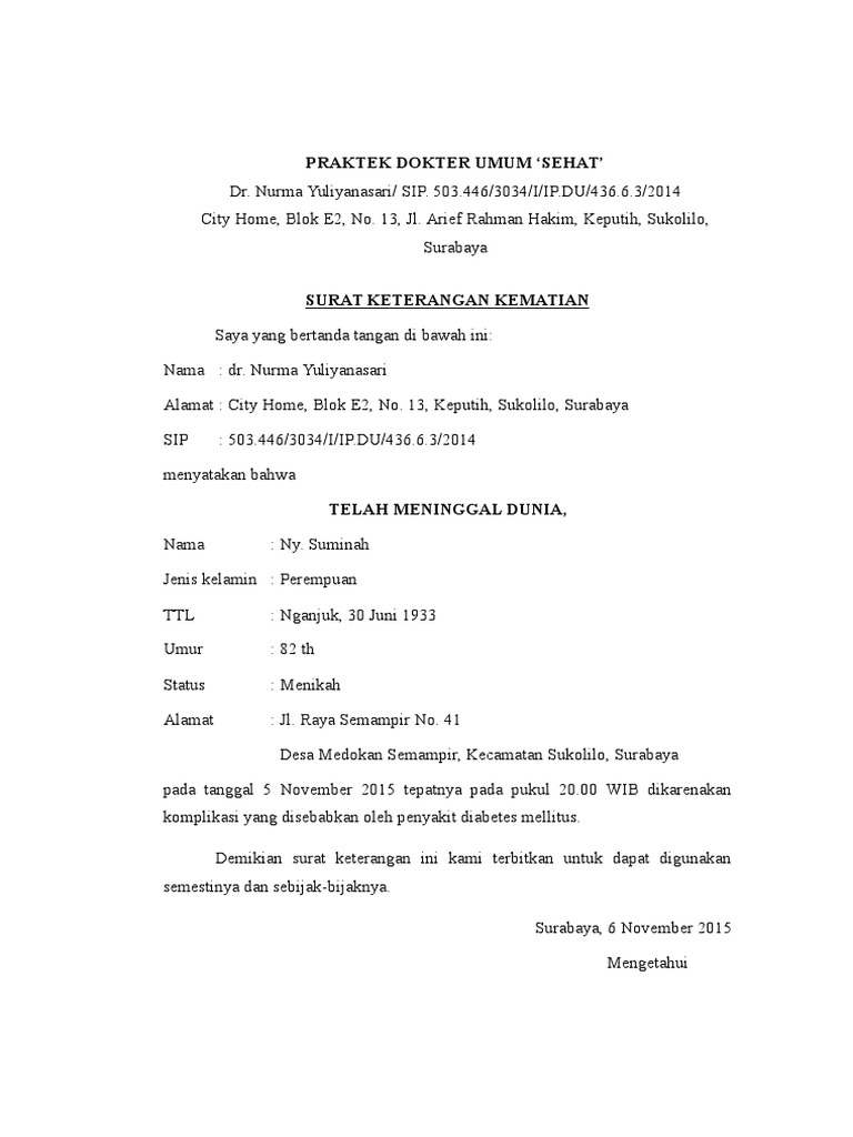 Surat Kematian Pasien